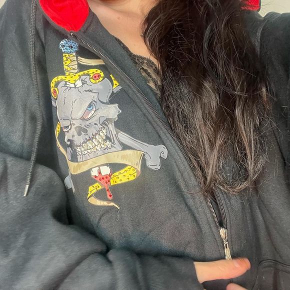 super rare vtg NWT Johnny Blaze death / muerte rhinestone full zip hoodie - Picture 3 of 4